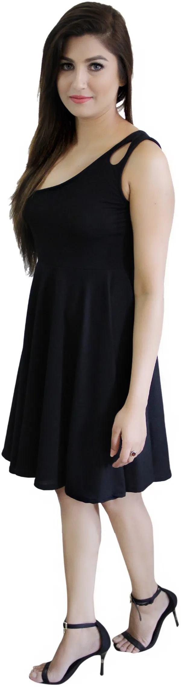 Black_Lycra_Blend_One_Shoulder_Sleeveless_Knee_Length_Skater_Dress_For_Women