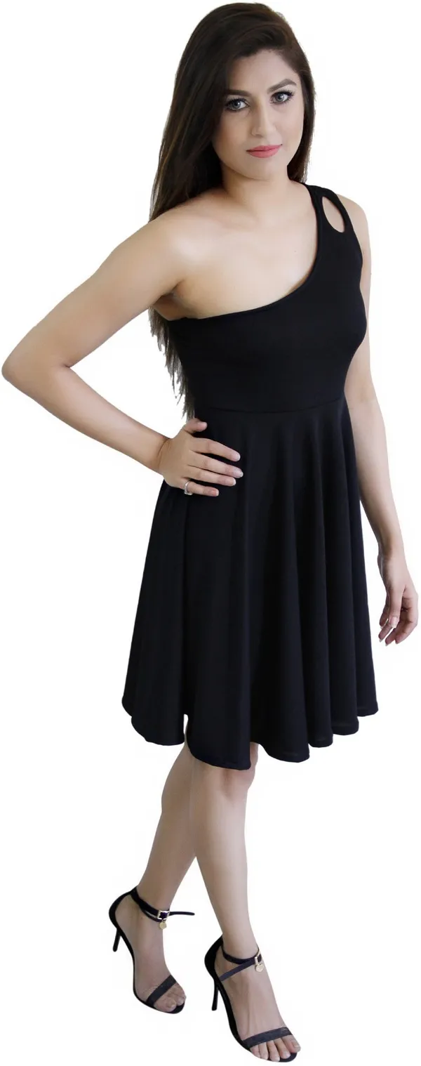 Black_Lycra_Blend_One_Shoulder_Sleeveless_Knee_Length_Skater_Dress_For_Women