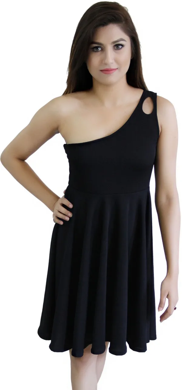 Black_Lycra_Blend_One_Shoulder_Sleeveless_Knee_Length_Skater_Dress_For_Women