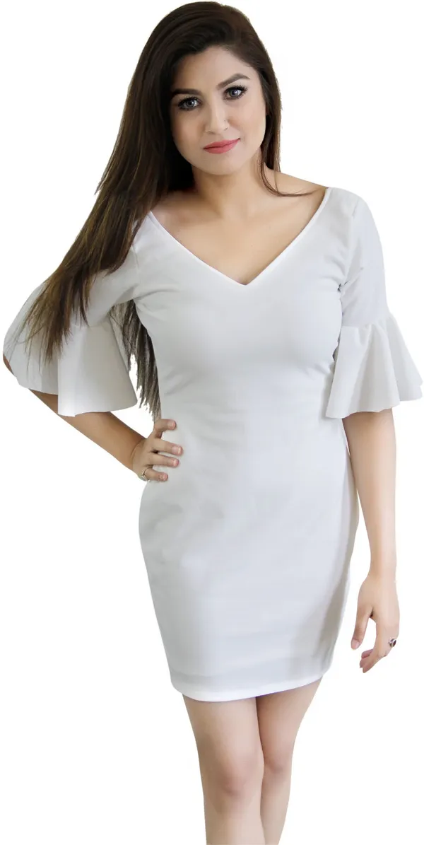 White_Lycra_Blend_V-Neck_Fashion_Sleeve_Knee_Length_Bodycon_Dress_For_Women