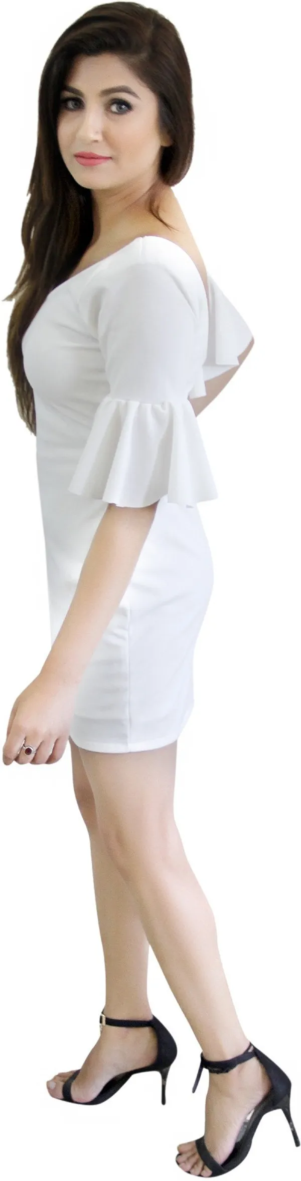 White_Lycra_Blend_V-Neck_Fashion_Sleeve_Knee_Length_Bodycon_Dress_For_Women