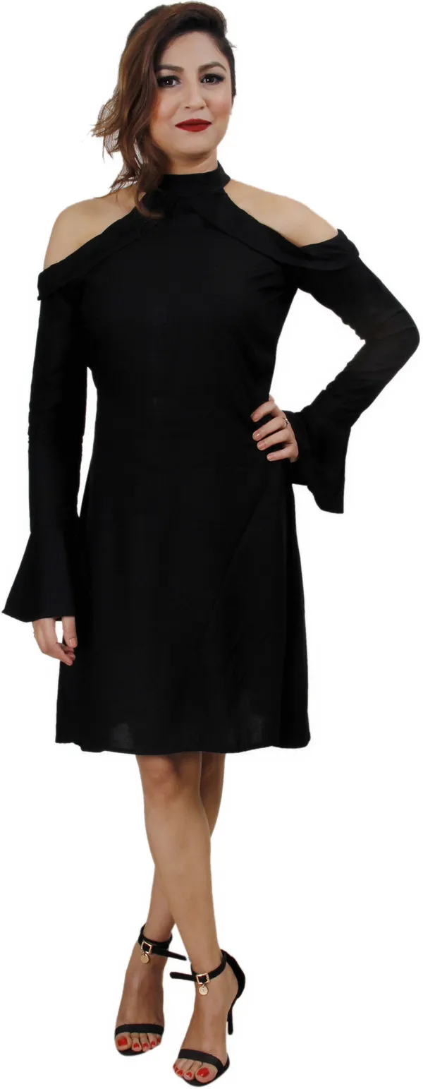 Black_Viscose_Rayon_Fashion_Sleeve_Knee_Length_A-Line_Dress_For_Women