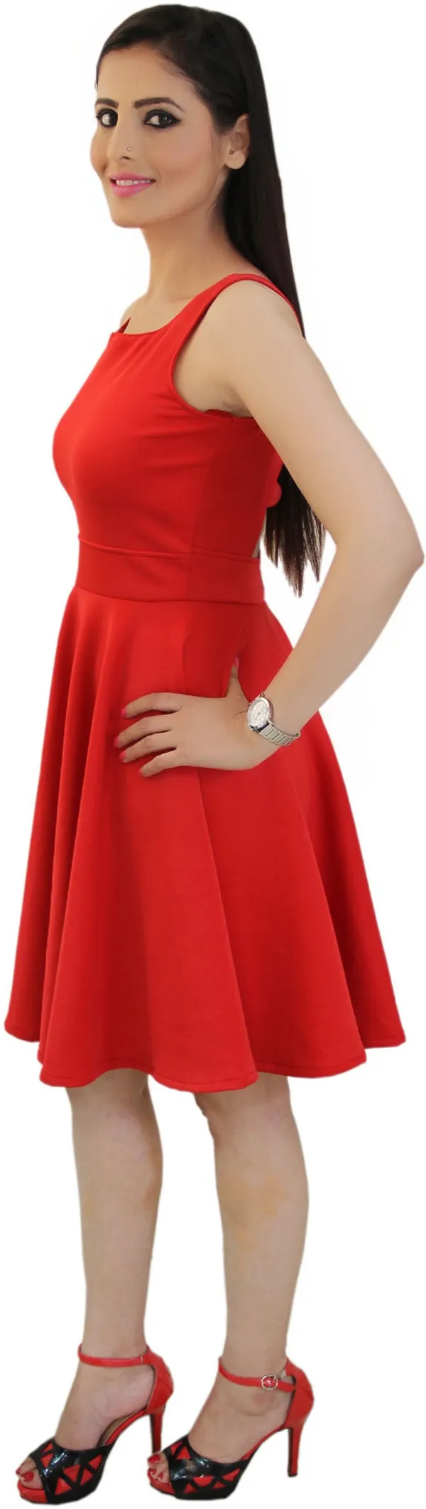 Red_Lycra_Blend_Square_Neck_Sleeveless_Knee_Length_Skater_Dress_For_Women
