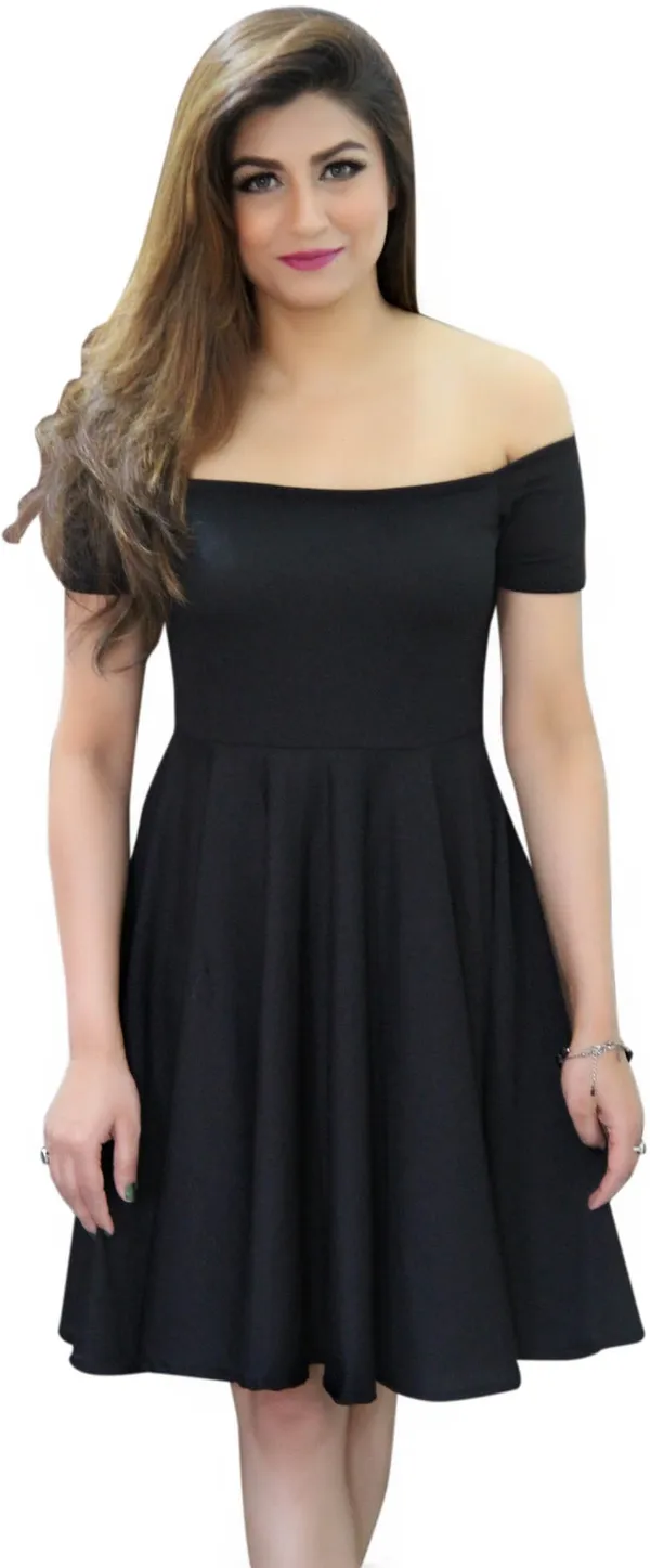 Black_Lycra_Blend_Off_Shoulder_Off_Shoulder_Sleeve_Knee_Length_Skater_Dress_For_Women