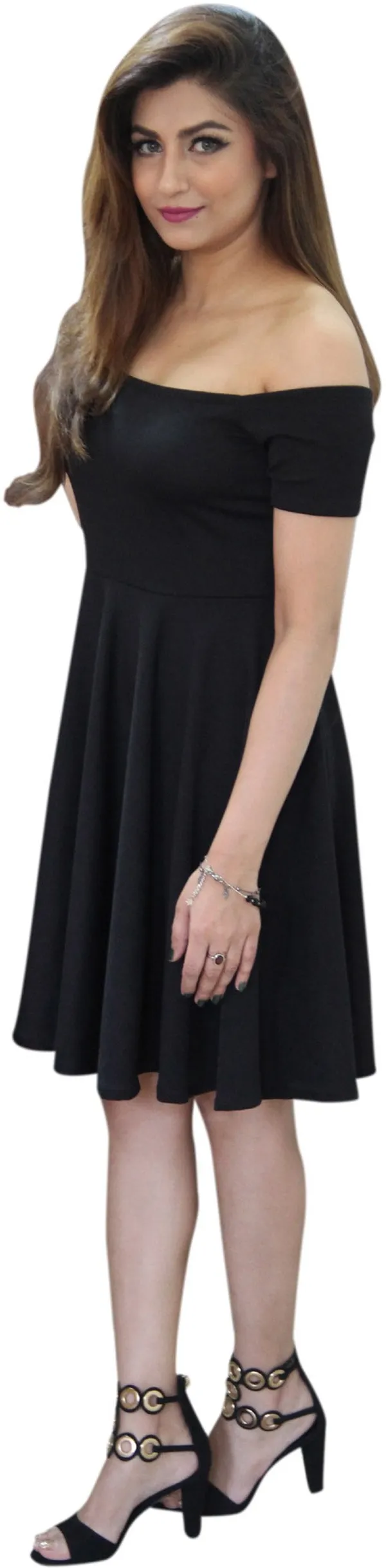Black_Lycra_Blend_Off_Shoulder_Off_Shoulder_Sleeve_Knee_Length_Skater_Dress_For_Women