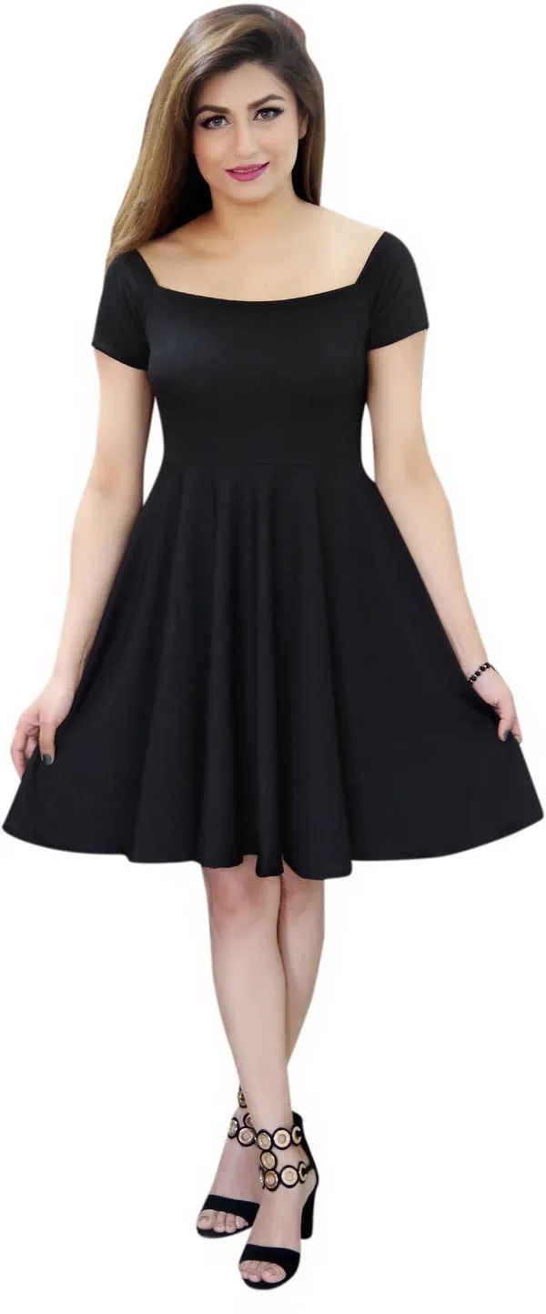 Black_Lycra_Blend_Off_Shoulder_Off_Shoulder_Sleeve_Knee_Length_Skater_Dress_For_Women