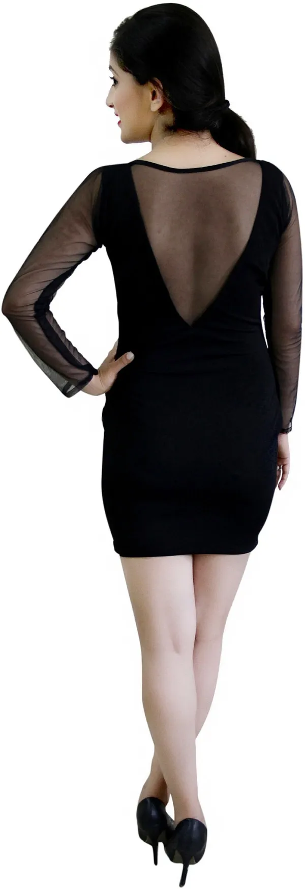 Black_Lycra_Blend_Round_Neck_Full_Sleeve_Above_Knee_Bodycon_Dress_For_Women