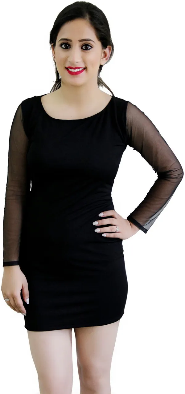 Black_Lycra_Blend_Round_Neck_Full_Sleeve_Above_Knee_Bodycon_Dress_For_Women