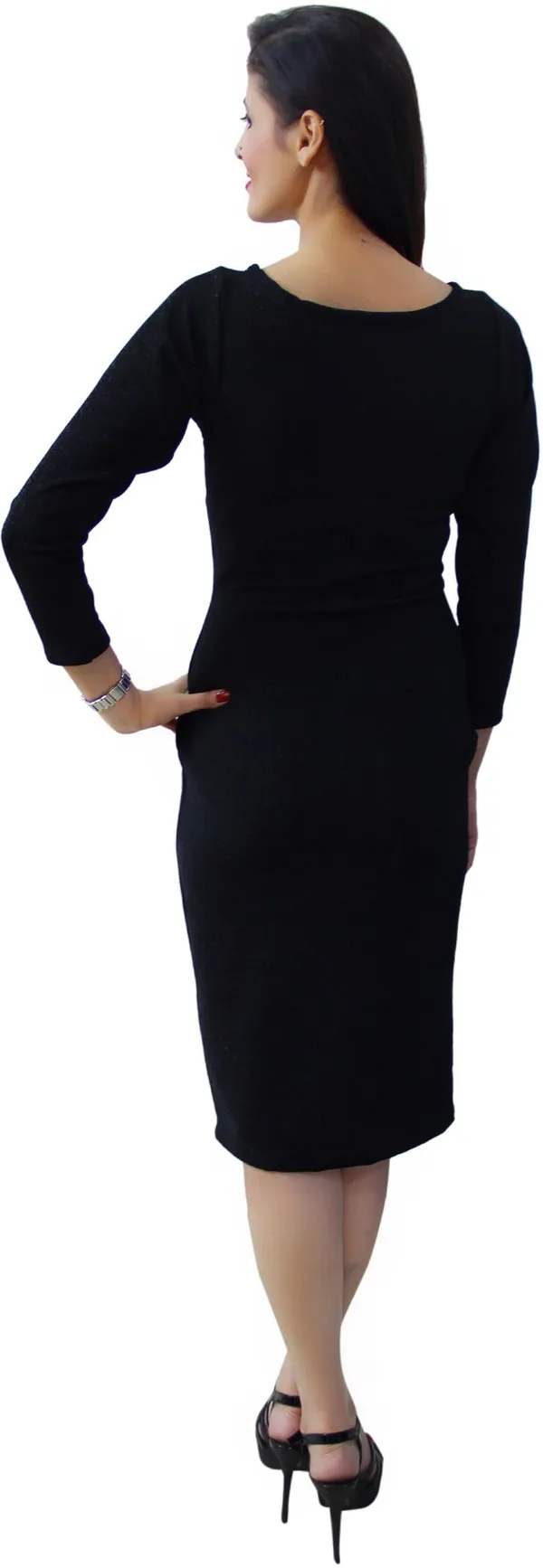 Black_Lycra_Blend_Round_Neck_3/4_Sleeve_Knee_Length_Bodycon_Dress_For_Women