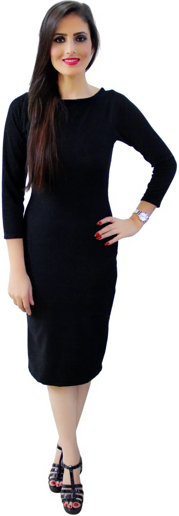 Black_Lycra_Blend_Round_Neck_3/4_Sleeve_Knee_Length_Bodycon_Dress_For_Women