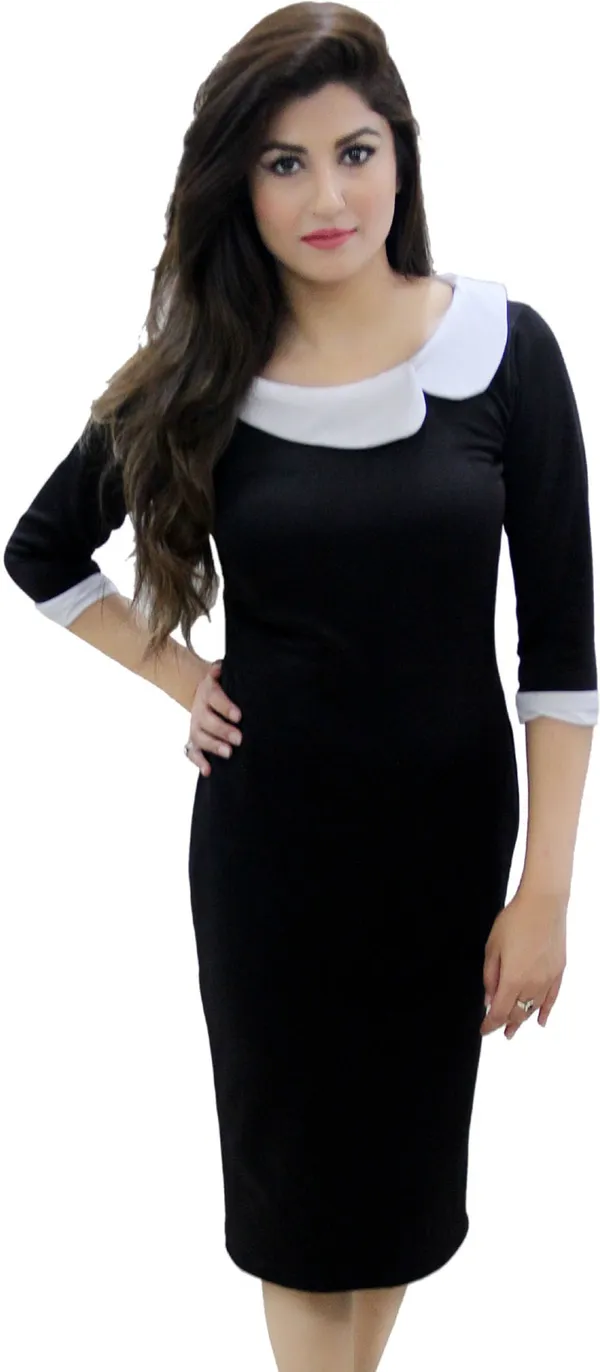 Black_Lycra_Blend_3/4_Sleeve_Knee_Length_Bodycon_Dress_For_Women