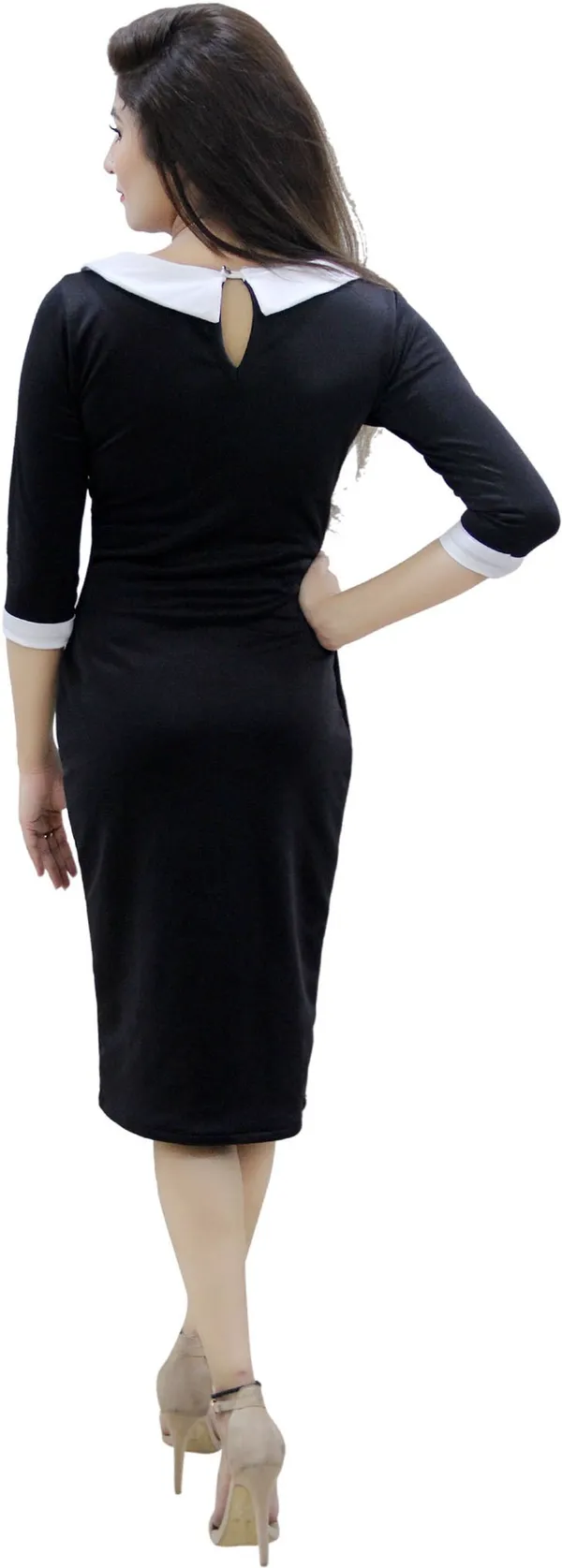 Black_Lycra_Blend_3/4_Sleeve_Knee_Length_Bodycon_Dress_For_Women