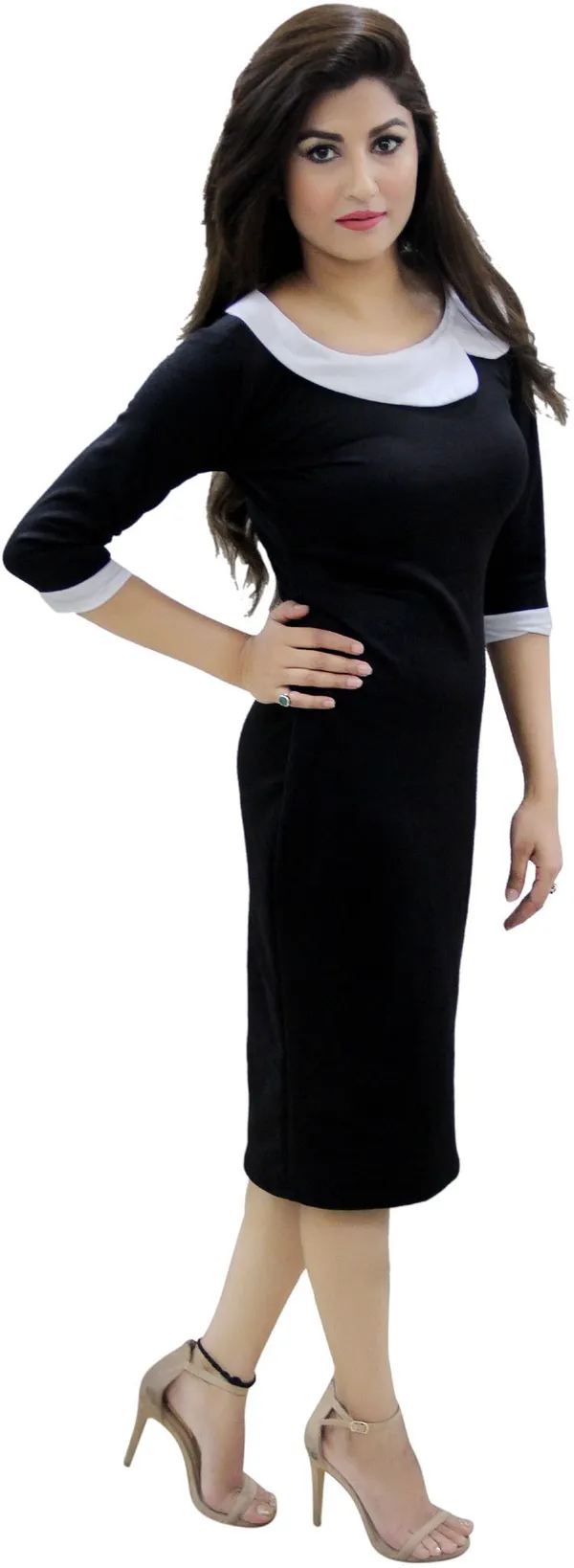Black_Lycra_Blend_3/4_Sleeve_Knee_Length_Bodycon_Dress_For_Women
