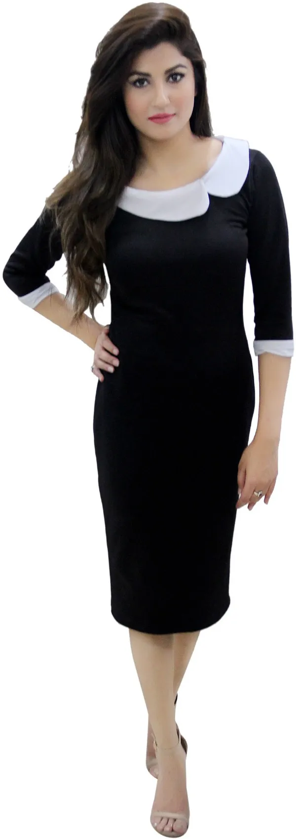 Black_Lycra_Blend_3/4_Sleeve_Knee_Length_Bodycon_Dress_For_Women