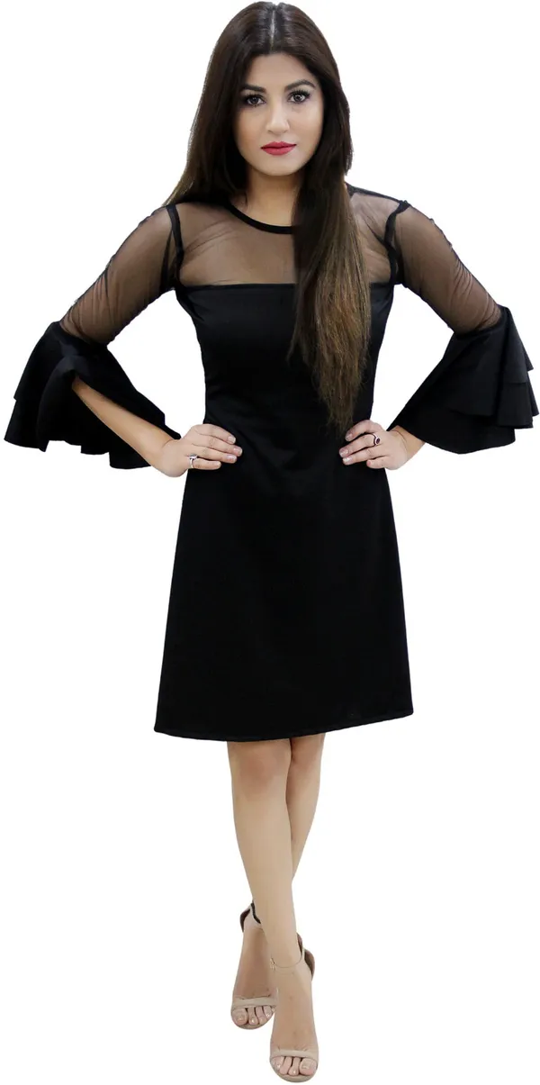 Black_Lycra_Blend_Boat_Neck_Flared_Sleeve_Knee_Length_Bodycon_Dress_For_Women