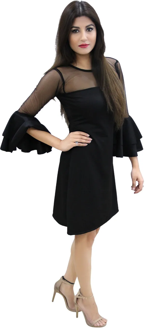 Black_Lycra_Blend_Boat_Neck_Flared_Sleeve_Knee_Length_Bodycon_Dress_For_Women
