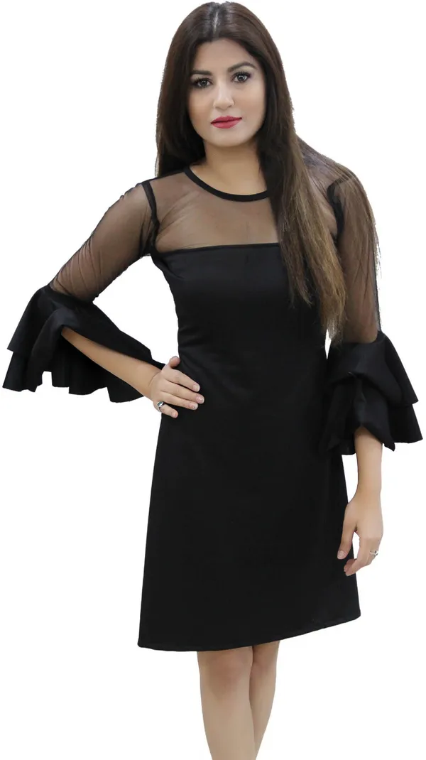 Black_Lycra_Blend_Boat_Neck_Flared_Sleeve_Knee_Length_Bodycon_Dress_For_Women