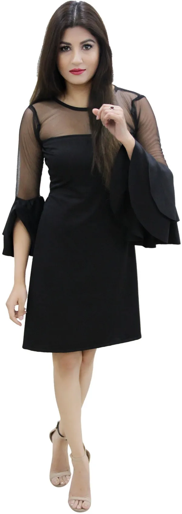 Black_Lycra_Blend_Boat_Neck_Flared_Sleeve_Knee_Length_Bodycon_Dress_For_Women