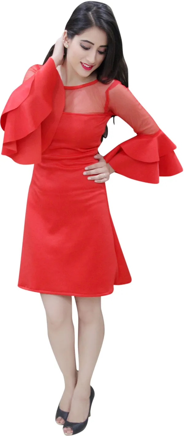 Red_Lycra_Blend_Round_Neck_Fashion_Sleeve_Knee_Length_A-Line_Dress_For_Women