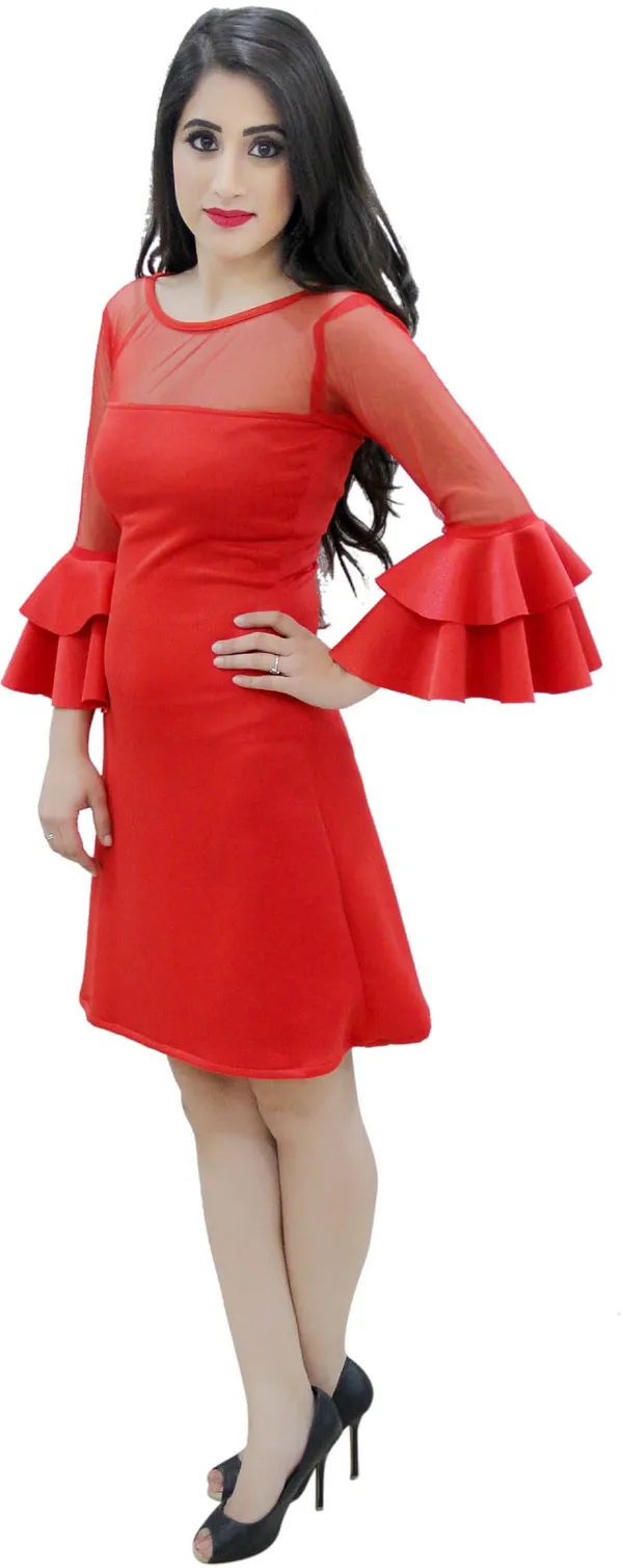 Red_Lycra_Blend_Round_Neck_Fashion_Sleeve_Knee_Length_A-Line_Dress_For_Women