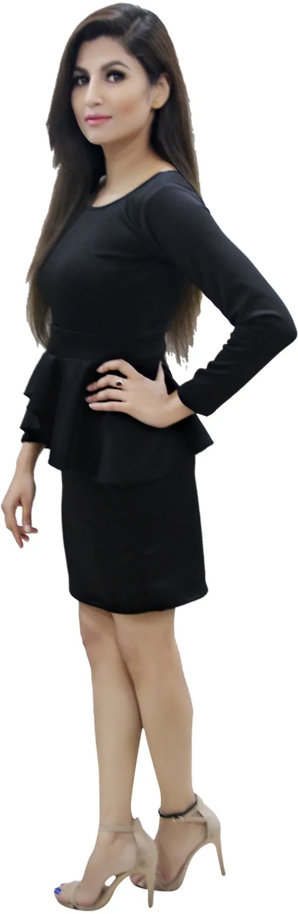 Black_Lycra_Blend_Round_Neck_Full_Sleeve_Knee_Length_Peplum_Dress_For_Women