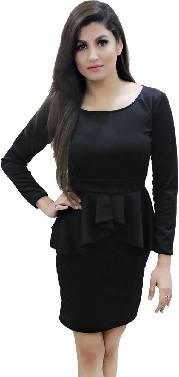 Black_Lycra_Blend_Round_Neck_Full_Sleeve_Knee_Length_Peplum_Dress_For_Women