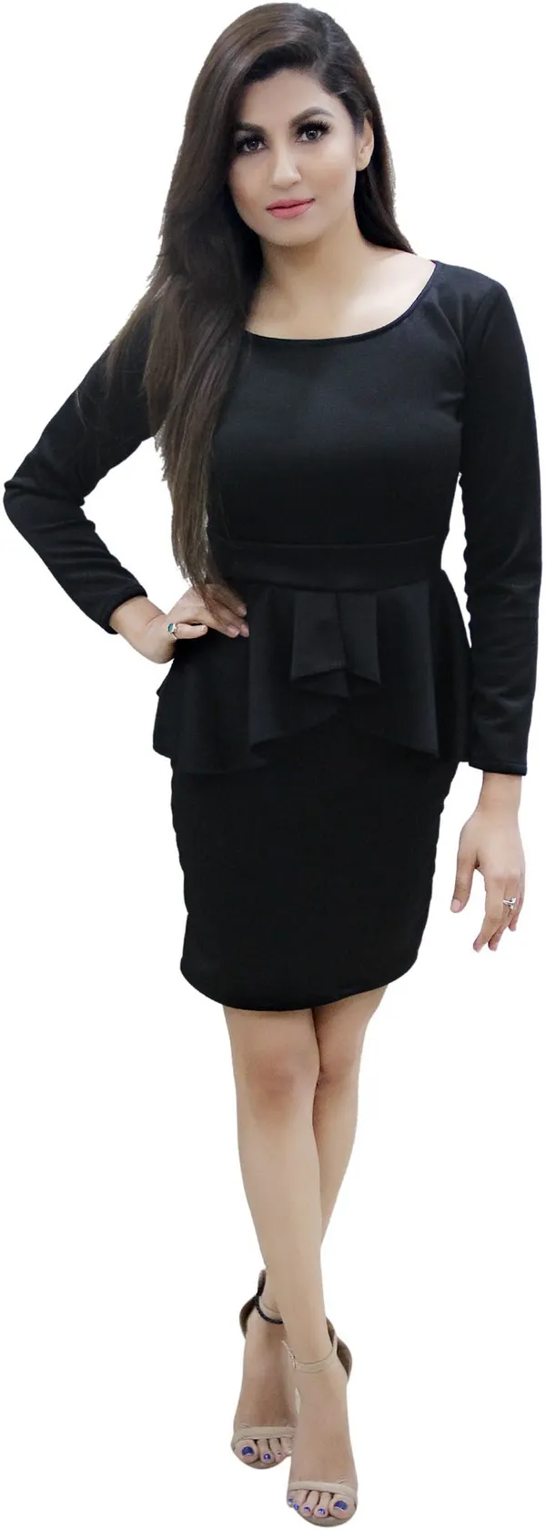 Black_Lycra_Blend_Round_Neck_Full_Sleeve_Knee_Length_Peplum_Dress_For_Women