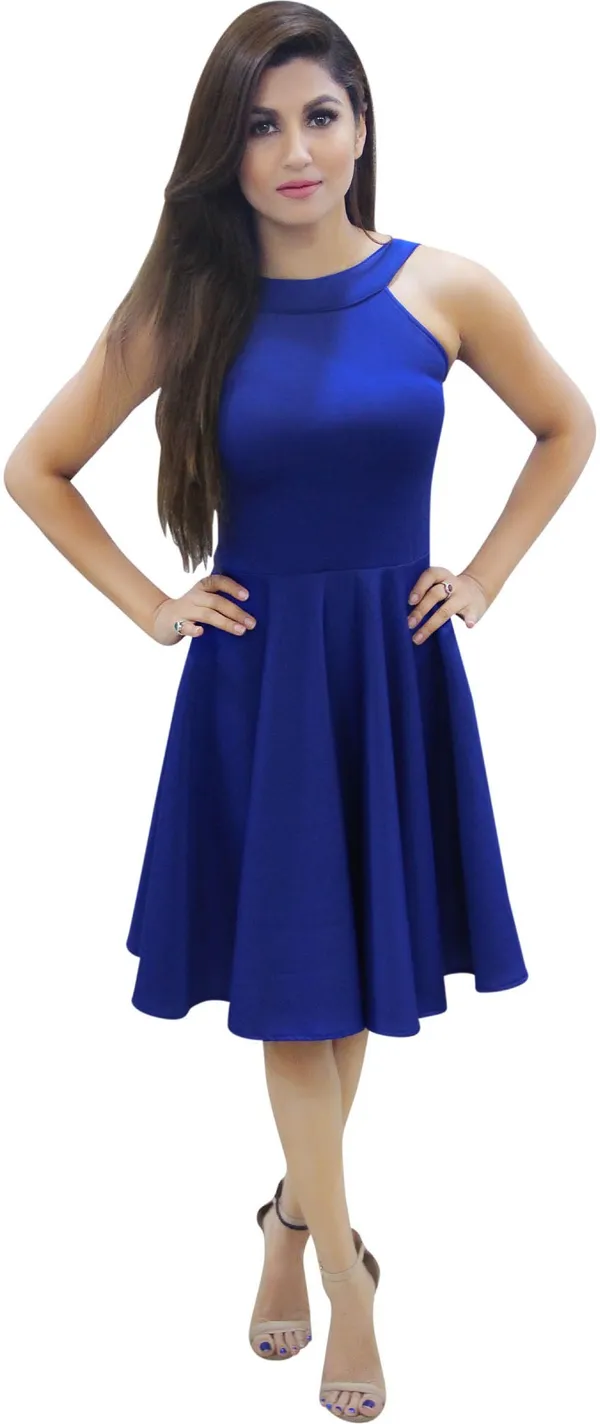 Blue_Lycra_Blend_Round_Neck_Knee_Length_Skater_Dress_For_Women