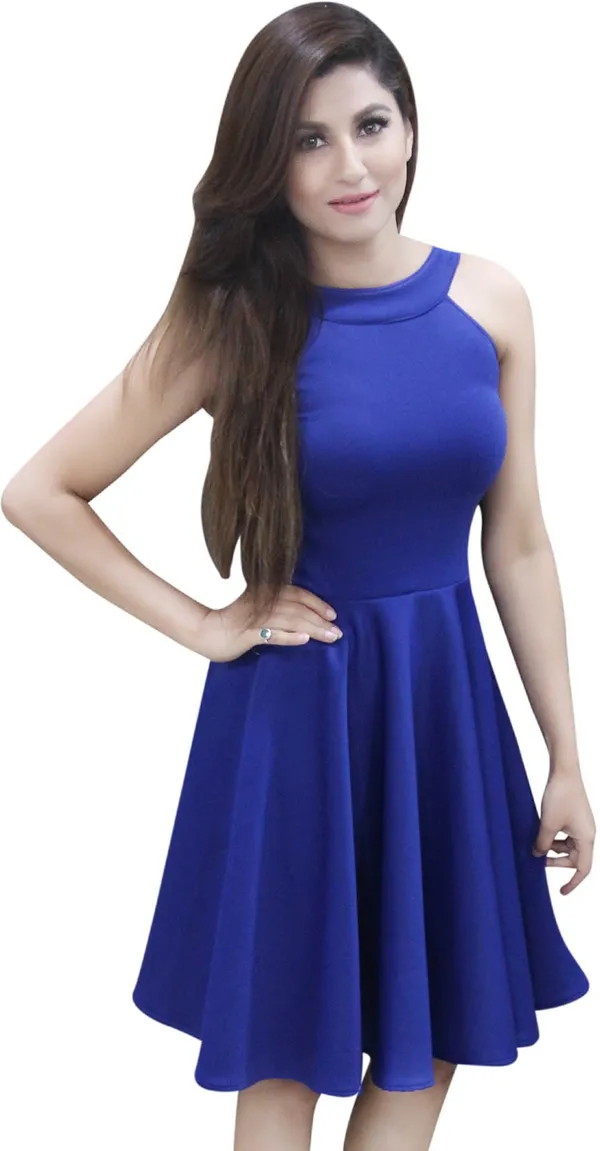 Blue_Lycra_Blend_Round_Neck_Knee_Length_Skater_Dress_For_Women