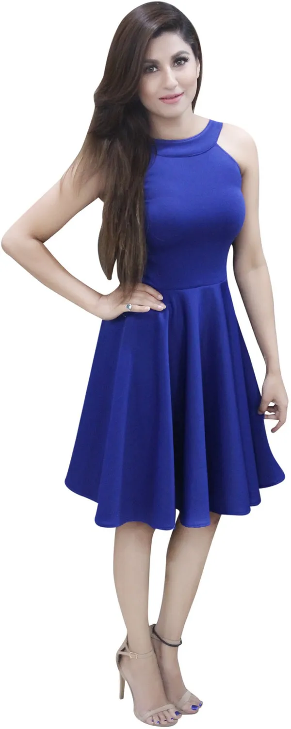 Blue_Lycra_Blend_Round_Neck_Knee_Length_Skater_Dress_For_Women