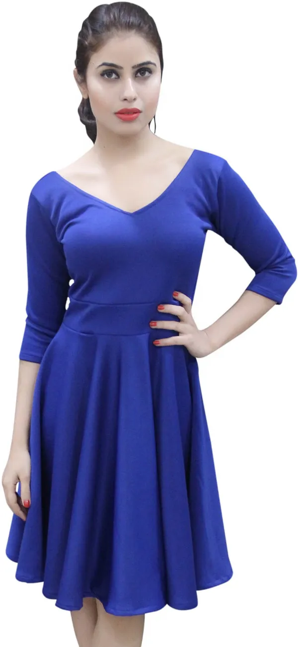 Blue_Lycra_Blend_3/4_Sleeve_Knee_Length_Skater_Dress_For_Women