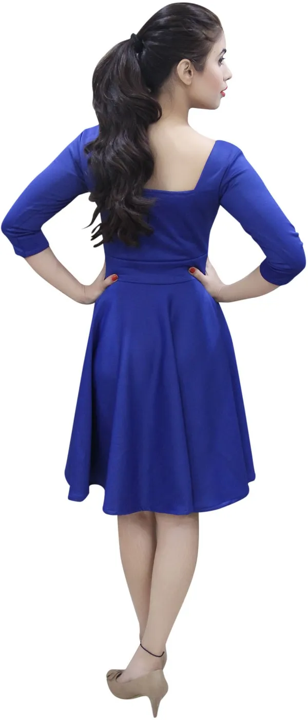 Blue_Lycra_Blend_3/4_Sleeve_Knee_Length_Skater_Dress_For_Women