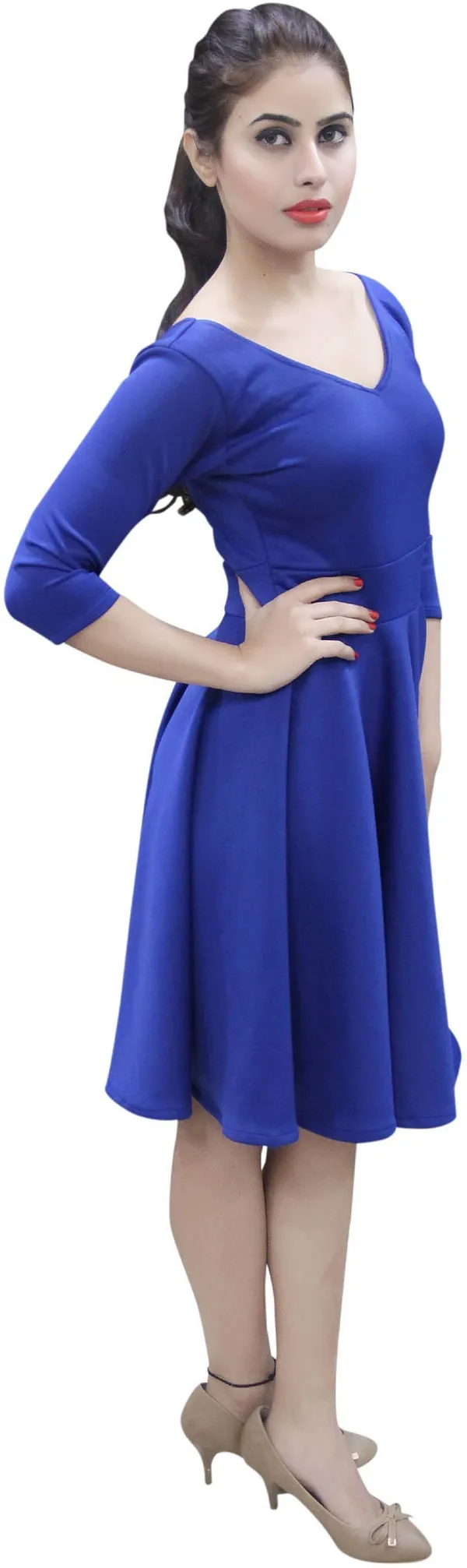 Blue_Lycra_Blend_3/4_Sleeve_Knee_Length_Skater_Dress_For_Women
