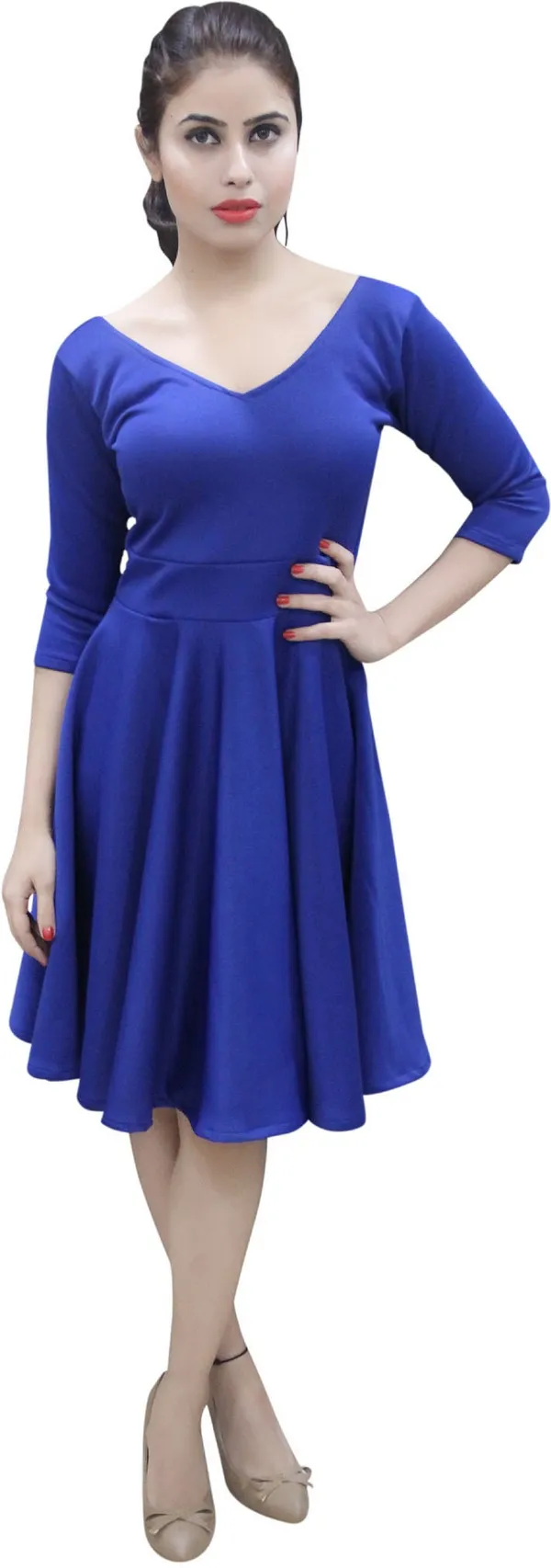 Blue_Lycra_Blend_3/4_Sleeve_Knee_Length_Skater_Dress_For_Women