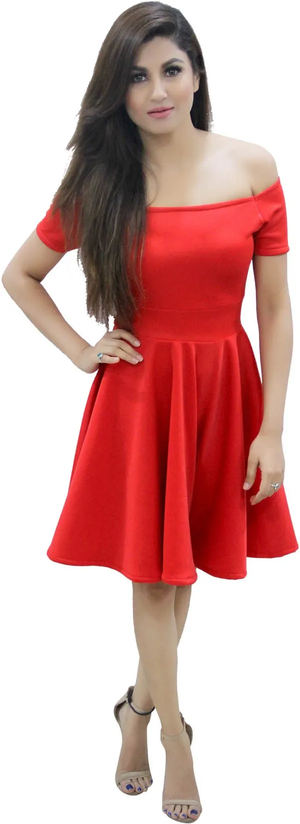 Red_Lycra_Blend_Off_Shoulder_Short_Sleeve_Knee_Length_Skater_Dress_For_Women