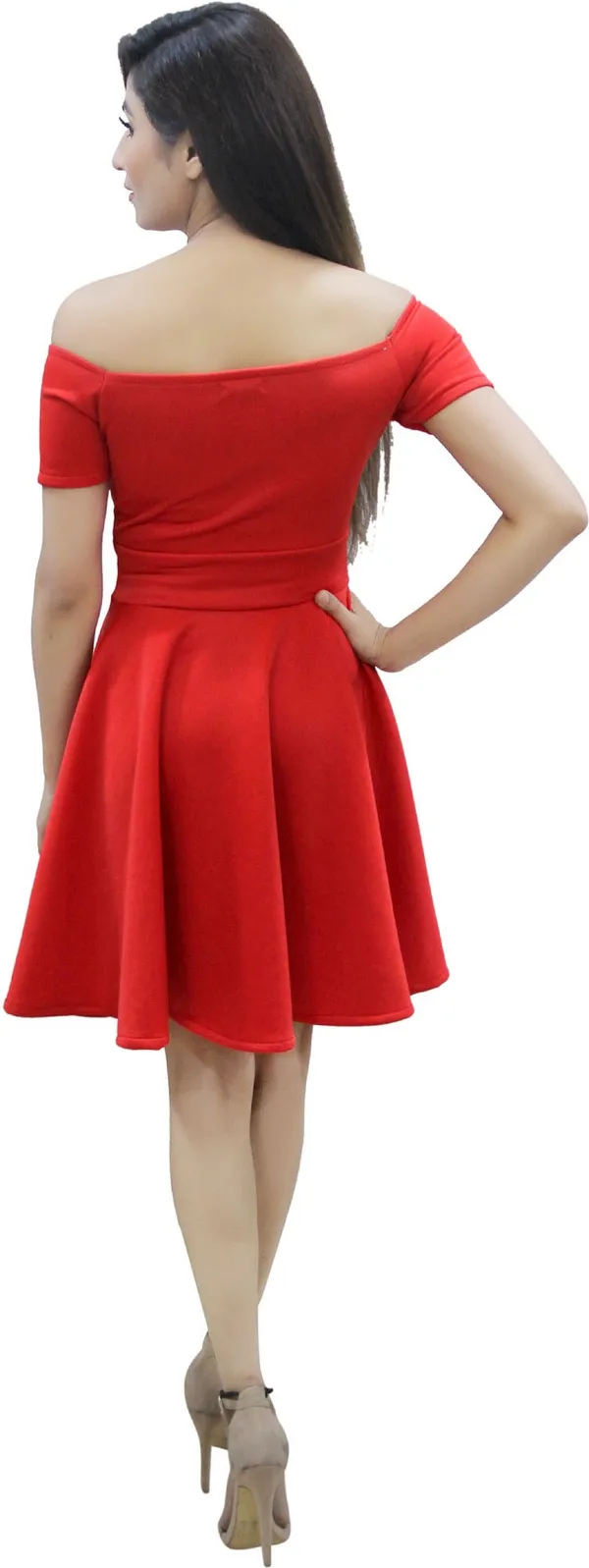 Red_Lycra_Blend_Off_Shoulder_Short_Sleeve_Knee_Length_Skater_Dress_For_Women
