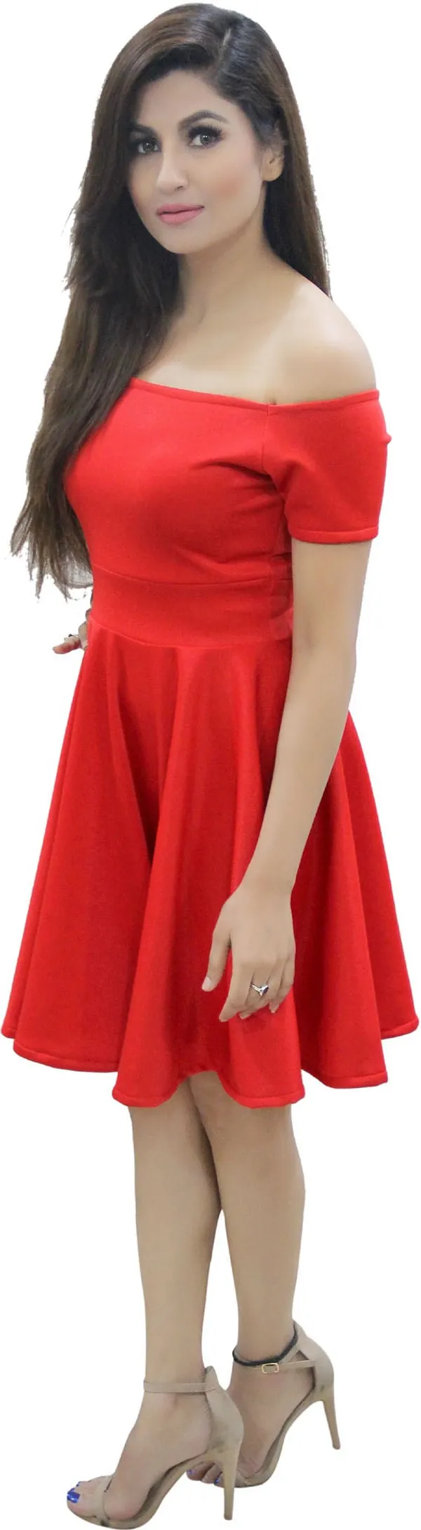 Red_Lycra_Blend_Off_Shoulder_Short_Sleeve_Knee_Length_Skater_Dress_For_Women