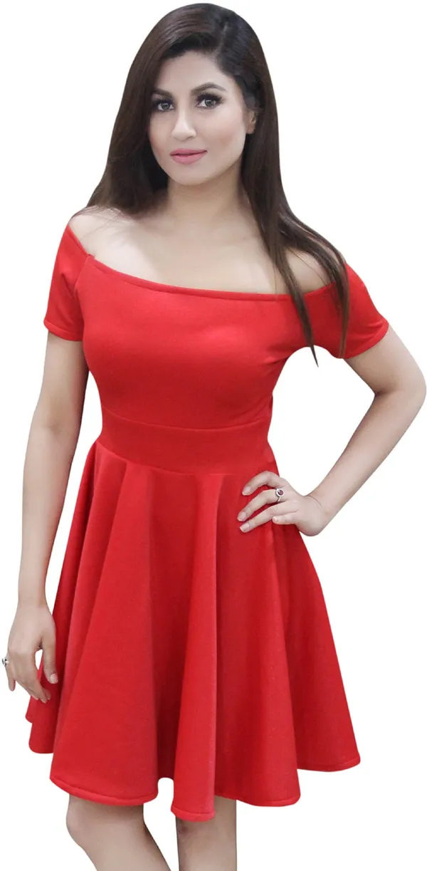 Red_Lycra_Blend_Off_Shoulder_Short_Sleeve_Knee_Length_Skater_Dress_For_Women