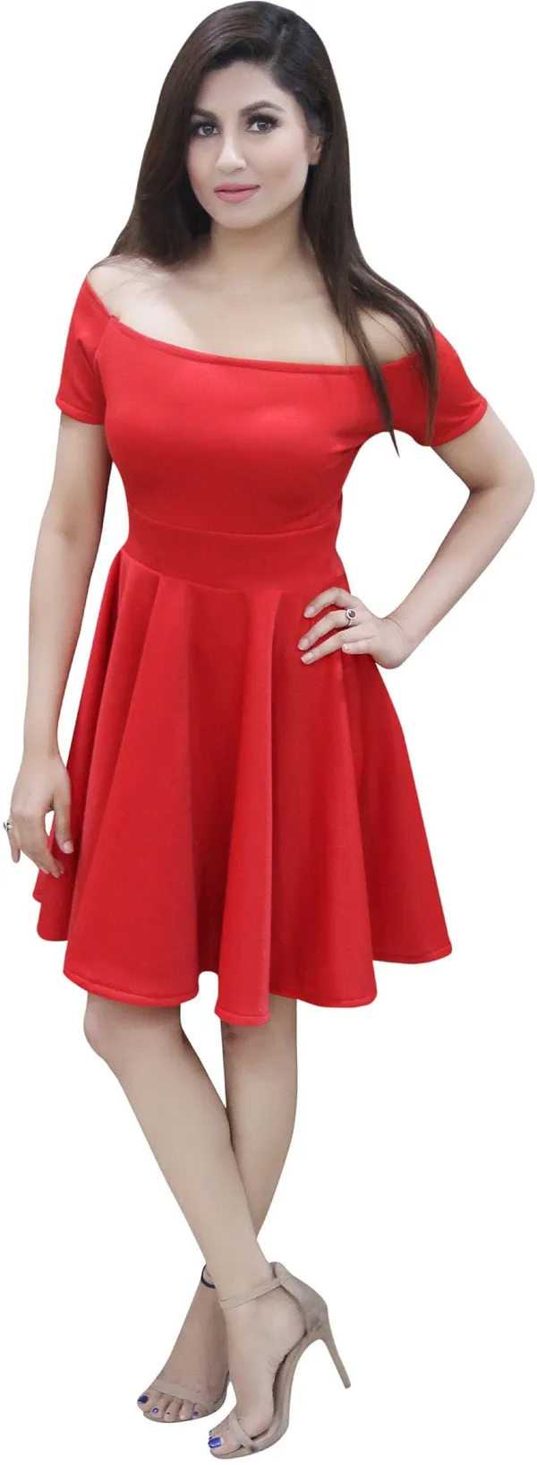 Red_Lycra_Blend_Off_Shoulder_Short_Sleeve_Knee_Length_Skater_Dress_For_Women