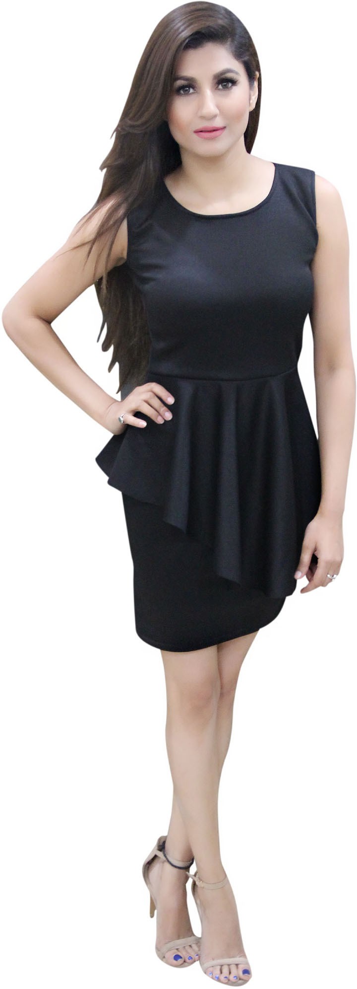 Black_Lycra_Blend_Round_Neck_Sleeveless_Knee_Length_Peplum_Dress_For_Women