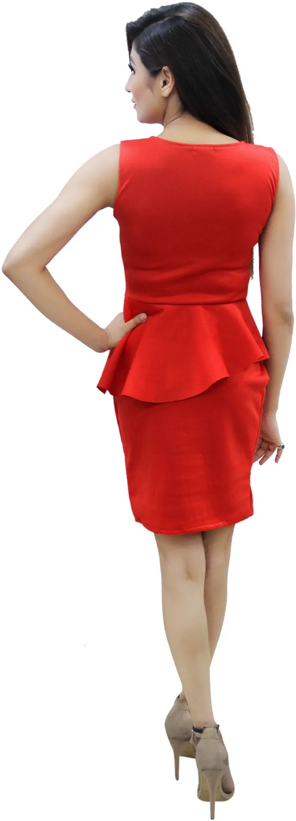 Red_Lycra_Blend_Round_Neck_Sleeveless_Knee_Length_Peplum_Dress_For_Women