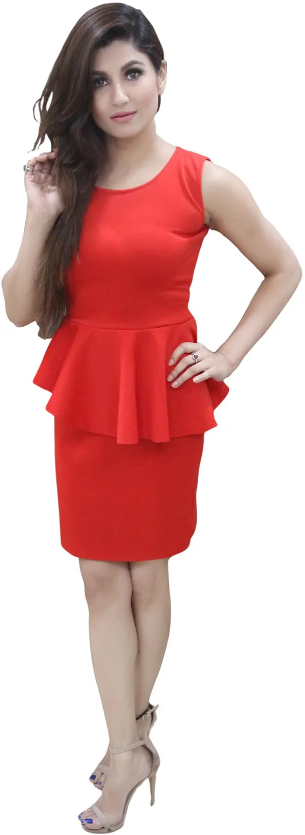 Red_Lycra_Blend_Round_Neck_Sleeveless_Knee_Length_Peplum_Dress_For_Women
