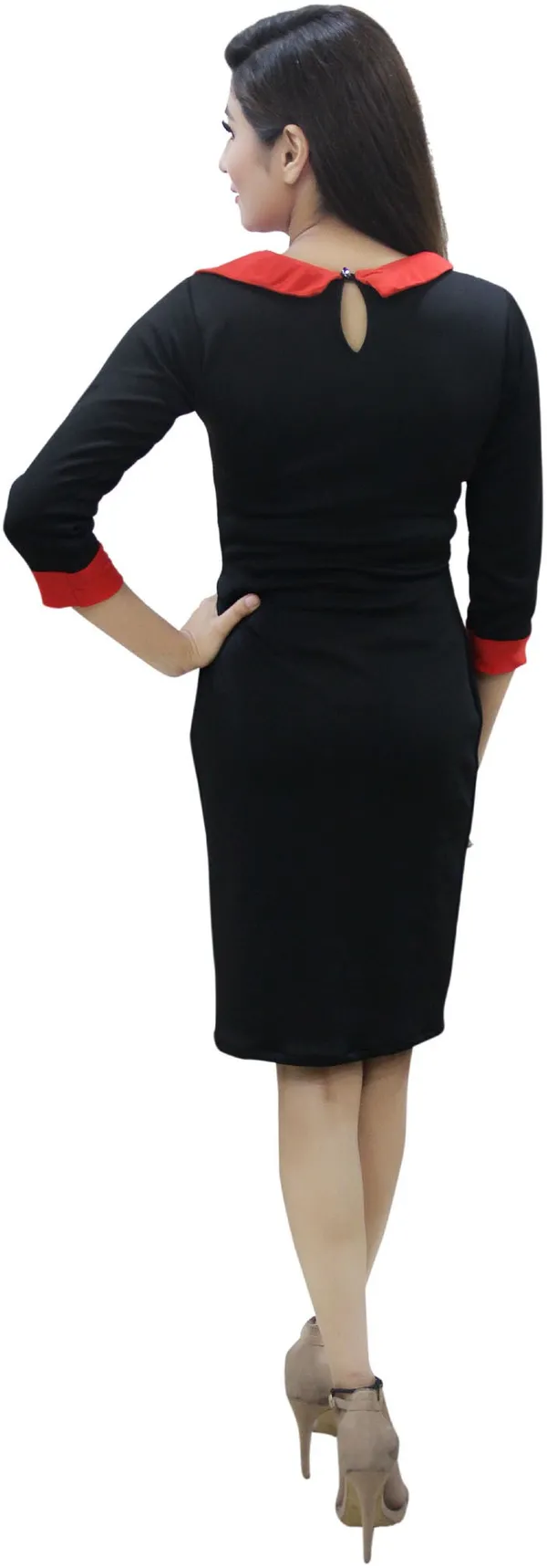 Black_Lycra_Blend_Round_Neck_3/4_Sleeve_Knee_Length_Bodycon_Dress_For_Women