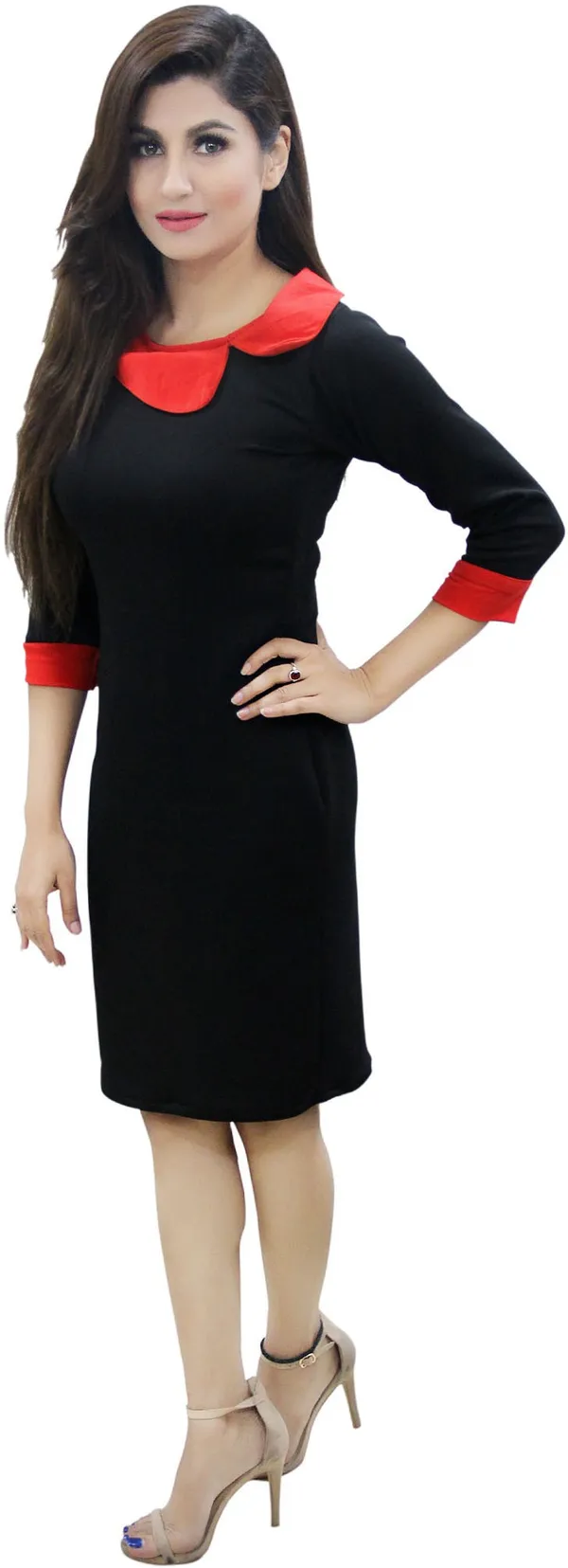 Black_Lycra_Blend_Round_Neck_3/4_Sleeve_Knee_Length_Bodycon_Dress_For_Women