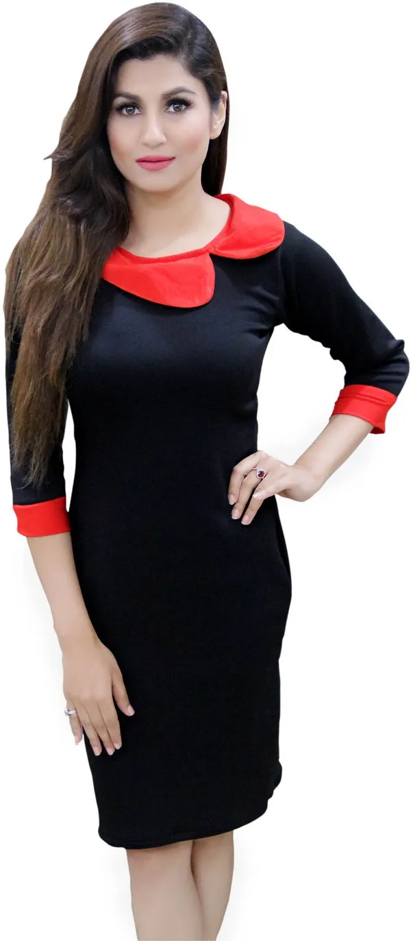 Black_Lycra_Blend_Round_Neck_3/4_Sleeve_Knee_Length_Bodycon_Dress_For_Women