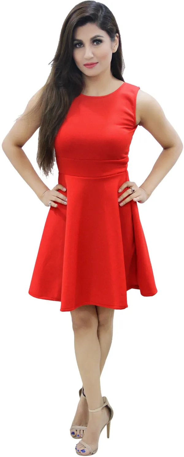 Red_Lycra_Blend_Round_Neck_Sleeveless_Knee_Length_Skater_Dress_For_Women