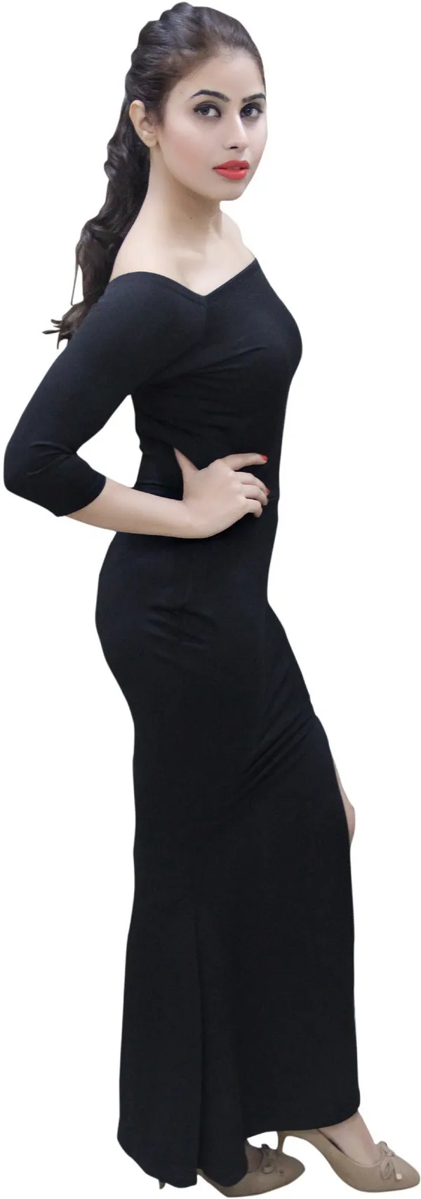Black_Lycra_Blend_Off_Shoulder_3/4_Sleeve_Full_Length_Maxi_Dress_For_Women