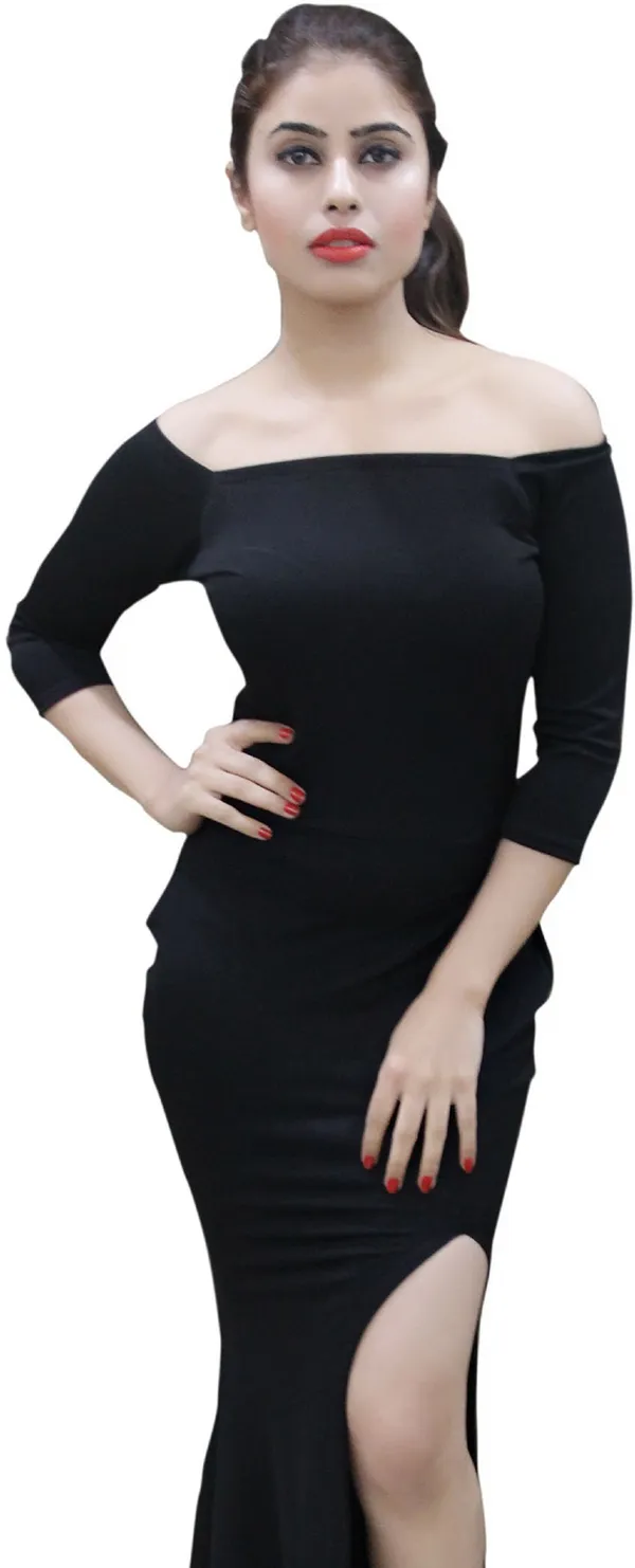 Black_Lycra_Blend_Off_Shoulder_3/4_Sleeve_Full_Length_Maxi_Dress_For_Women