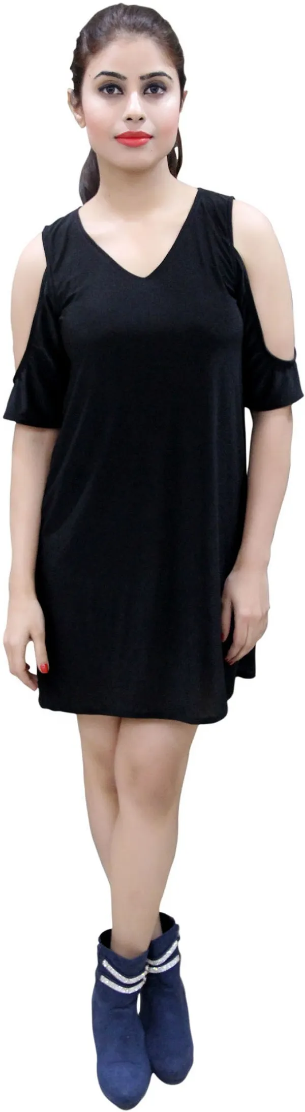 Black_Lycra_Blend_Cold_Shoulder_Sleeve_Knee_Length_Shift_Dress_For_Women
