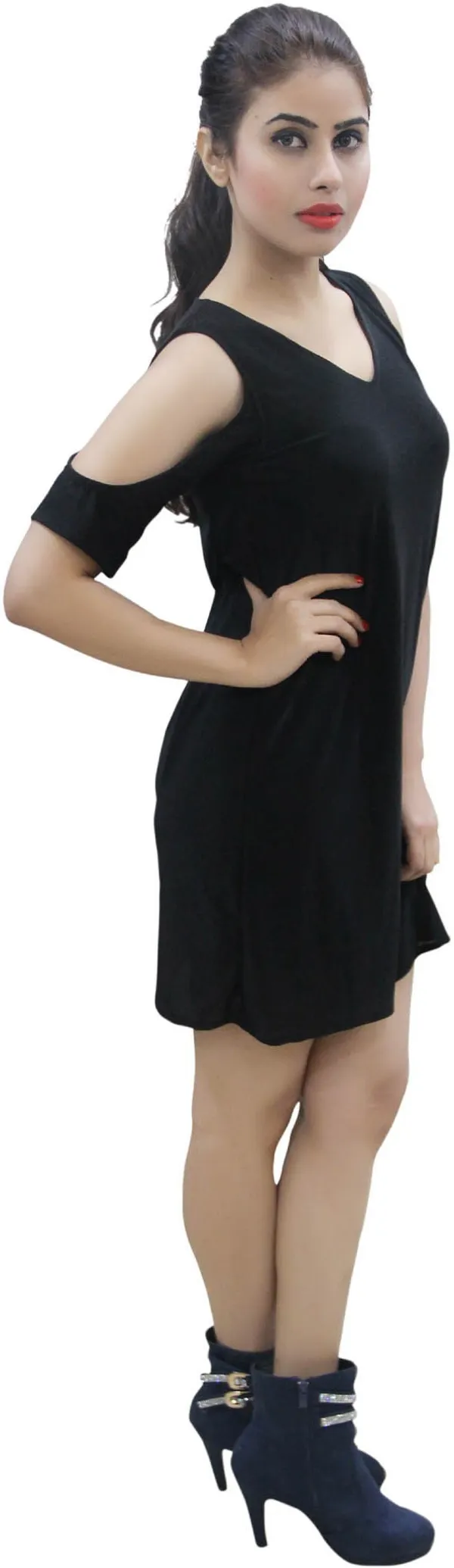 Black_Lycra_Blend_Cold_Shoulder_Sleeve_Knee_Length_Shift_Dress_For_Women
